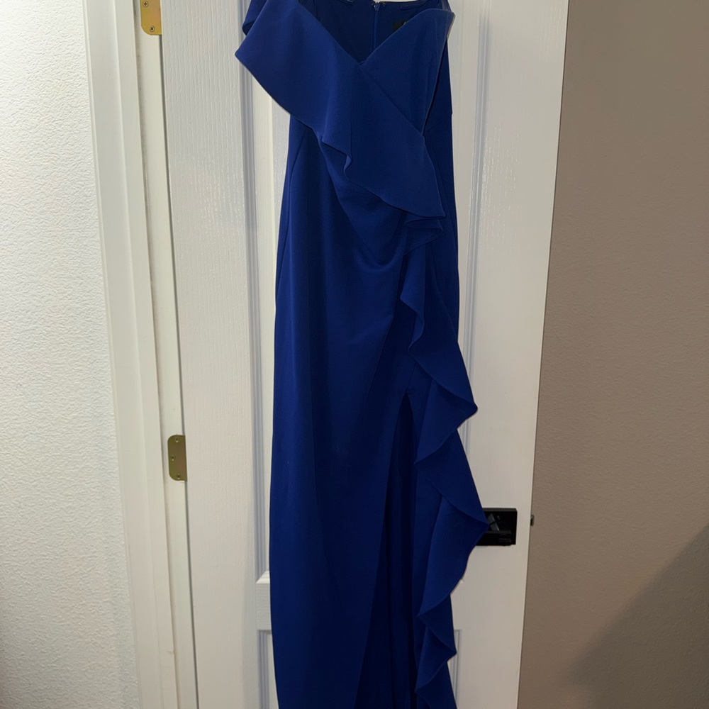 Aidan Mattox Cobalt Blue One-Shoulder Ruffle Gown